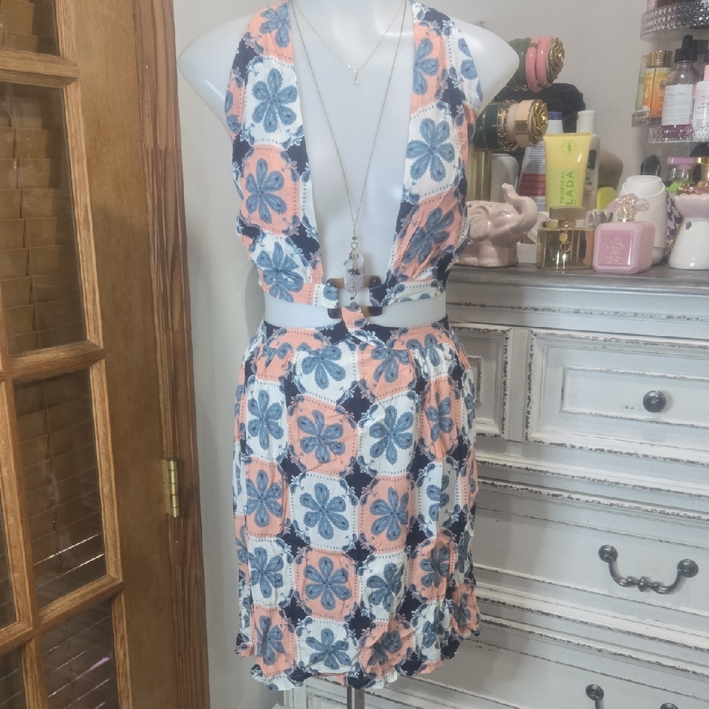Chic Backless Floral Dress - Blue and Peach